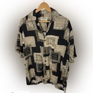 VINTAGE 100% Silk Bamboo Cay Hawaiian Print Button Down Short Sleeve Shirt S